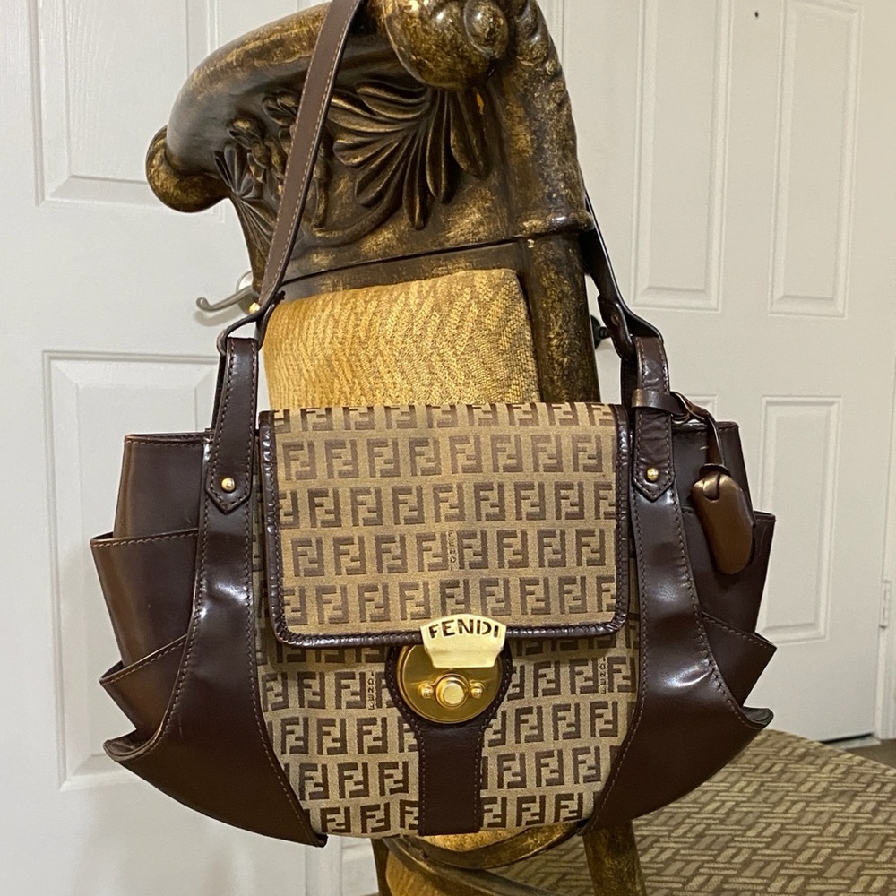 Fendi Chocolate Brown and Beige Logo Bag